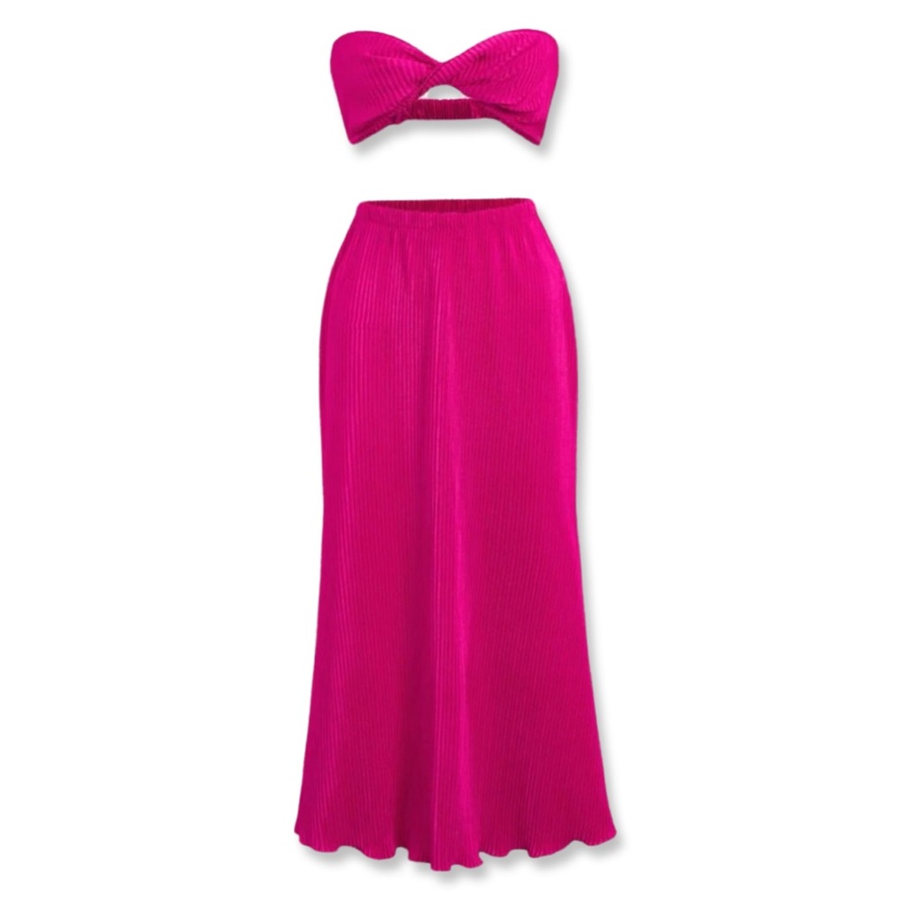 Hot Pink Pleasted 2 Piece Skirt Set | Twist Bandeau+ Maxi Skirt | S | NWOT